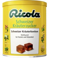 Gelbe Ricola-Dose mit Schweizer Kräuterbonbons gegen Husten und Heiserkeit.