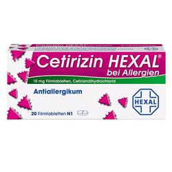 Weiße Schachtel mit rosa Dreiecken und dem Text "Cetirizin HEXAL bei Allergien".