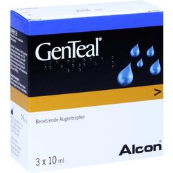 Eine Schachtel mit benetzenden Augentropfen der Marke GenTeal.
