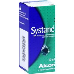 Eine blau-grüne Schachtel mit Augentropfen von Systane.