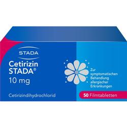 Blaue Verpackung von Cetirizin STADA mit 50 Filmtabletten gegen Allergien.