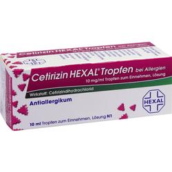 Eine Packung Cetirizin HEXAL Tropfen gegen Allergien.