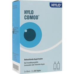Eine Packung befeuchtender Augentropfen namens Hylo-Comod.