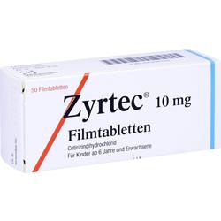 Weiße Zyrtec-Packung mit 50 Filmtabletten für Allergien.