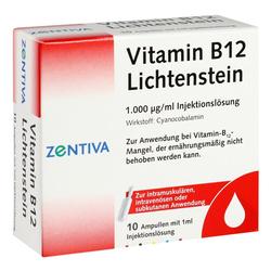Schachtel mit Vitamin B12 Injektionslösung für medizinische Anwendung.