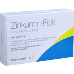 Weiße Medikamenten-Verpackung mit der Aufschrift „Zinkamin-Falk 15 mg Hartkapseln“.