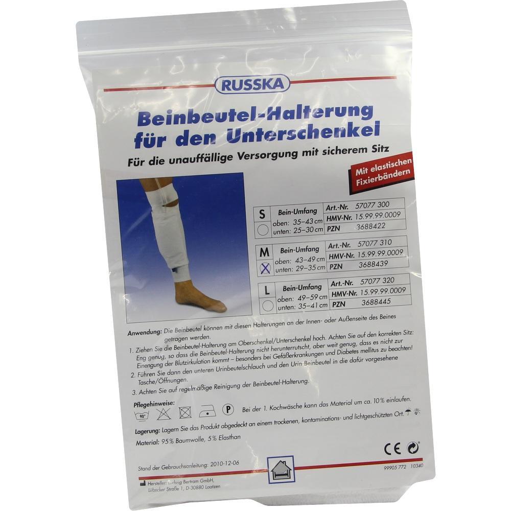 Verpackung einer Unterschenkel-Halterung für Beinbeutel mit Größenangaben und Anwendungshinweisen.