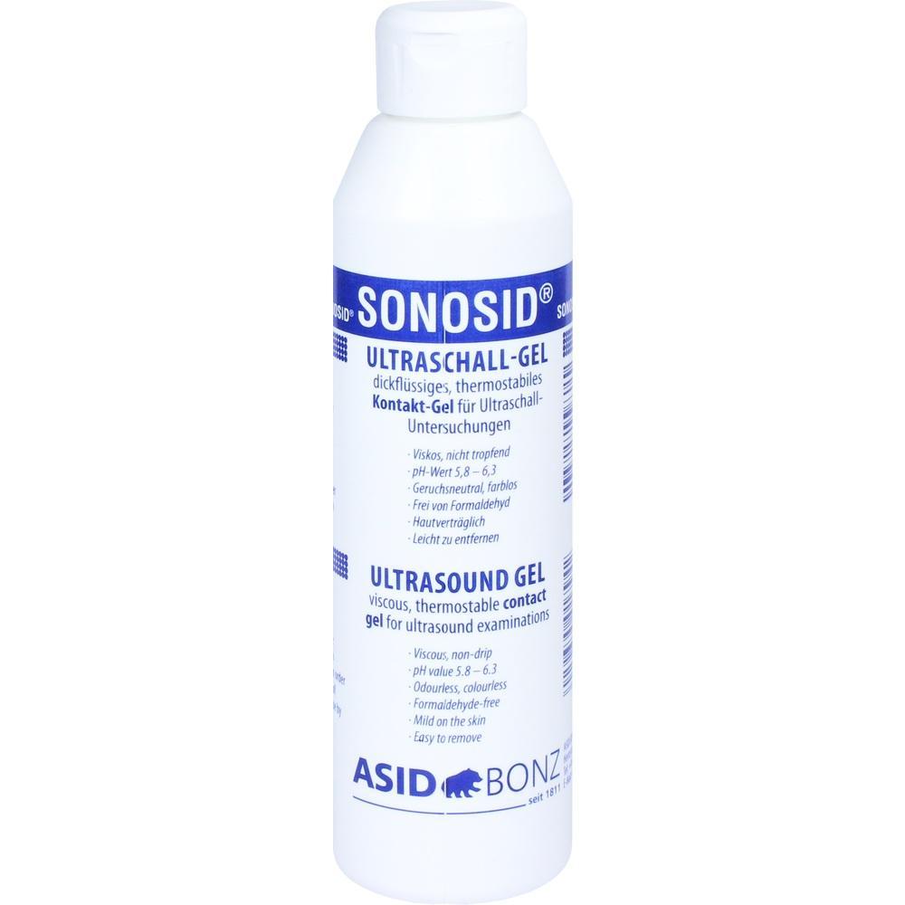 Weißes Ultraschall-Gel in einer Flasche mit blauer Beschriftung.