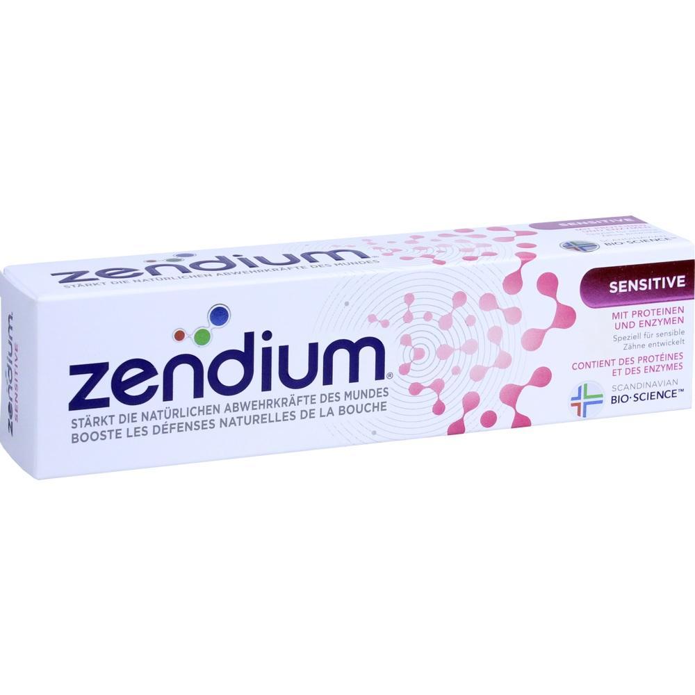 Eine weiße Tube Zendium Zahnpasta für sensible Zähne mit rosa Mustern.