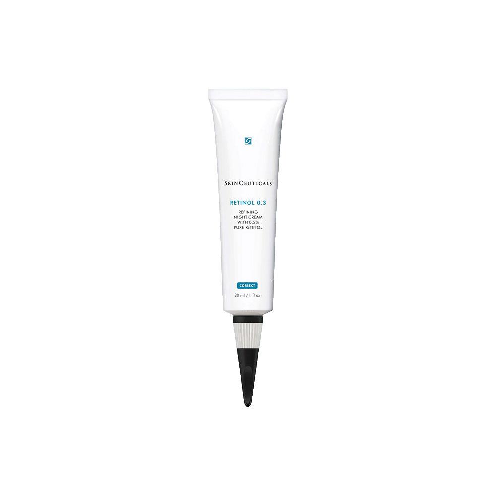 Weiße Tube mit Nachtcreme, darauf steht "Retinol 0.3."