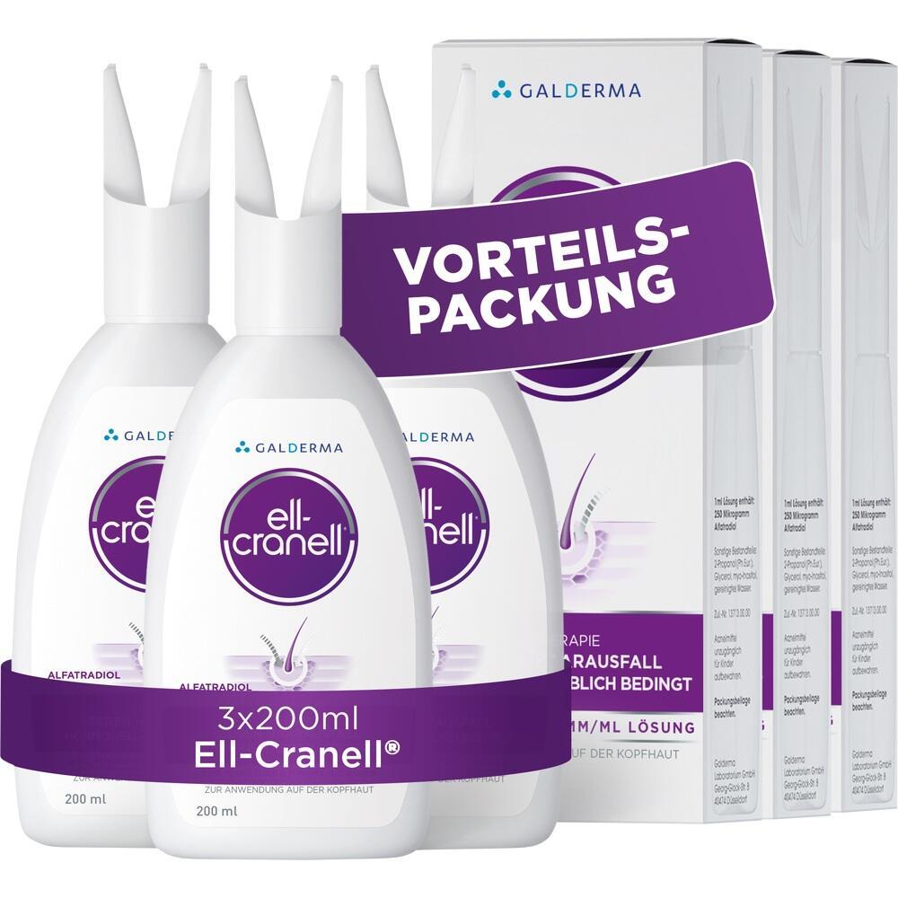 Drei Flaschen Haarpflegeprodukt von Ell-Cranell in einer Vorteilspackung.