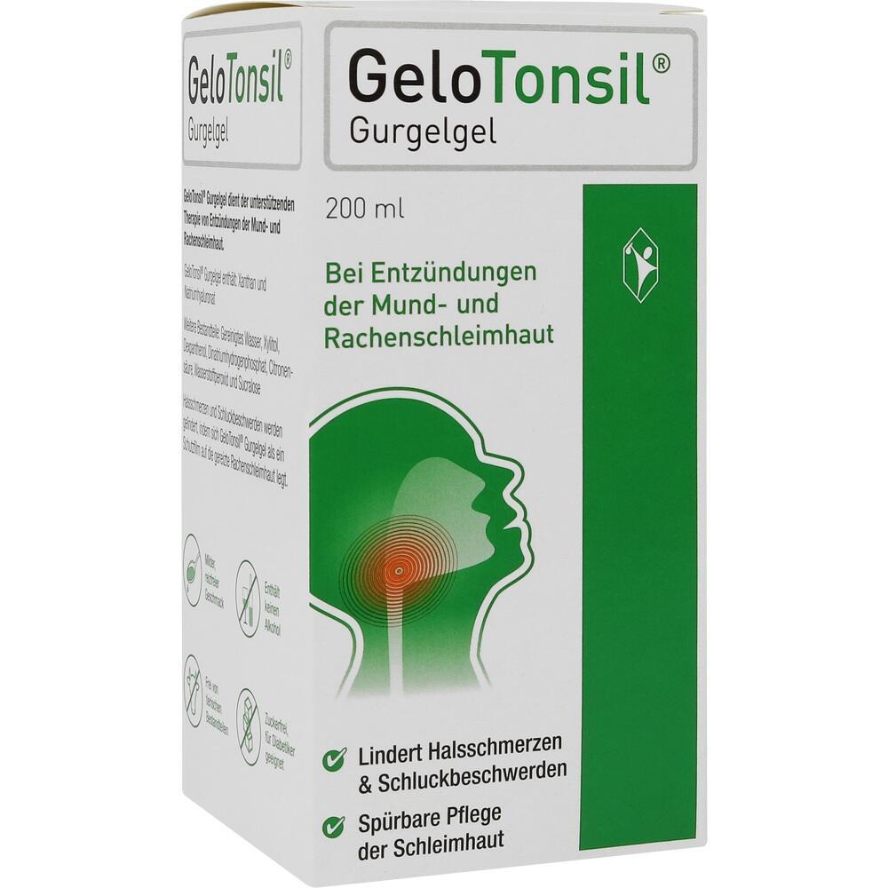 Eine Packung Gurgelgel gegen Halsentzündungen mit grünem und weißem Design.