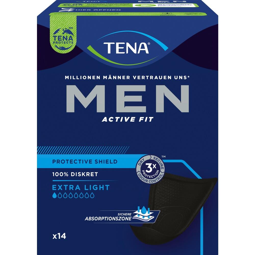 Verpackung für TENA Men Active Fit Protective Shield mit 14 Schutzpads.