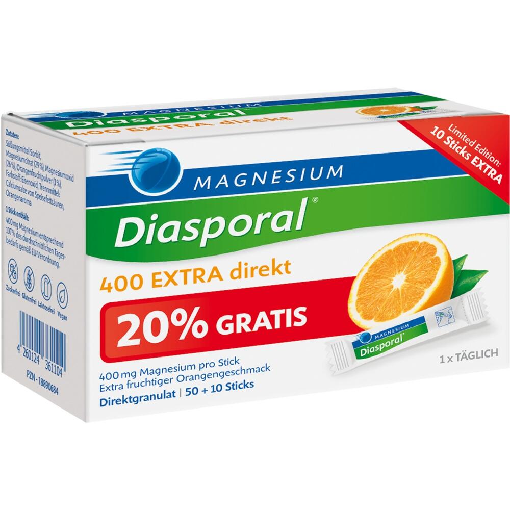 Eine Verpackung Magnesium Diasporal mit Orangengeschmack und 20% Extra gratis.
