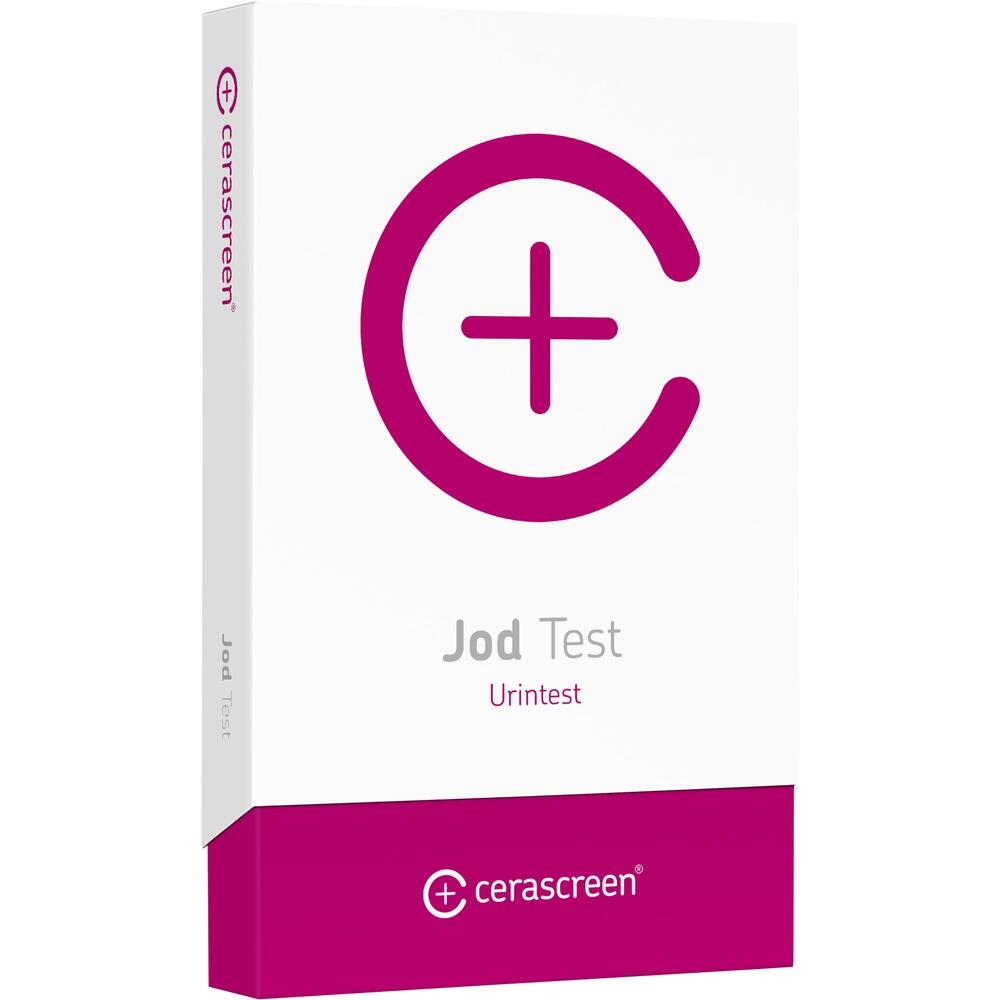 Eine Schachtel für einen Jod-Urintest von Cerascreen mit lila Logo.