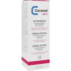 Eine Packung Ceramol Beta Intimcreme für empfindliche Haut steht aufrecht.